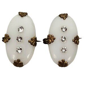 White Milk Glass Victorian Lingerie Sweater Pins Rhinestones Oval, Antique, L476